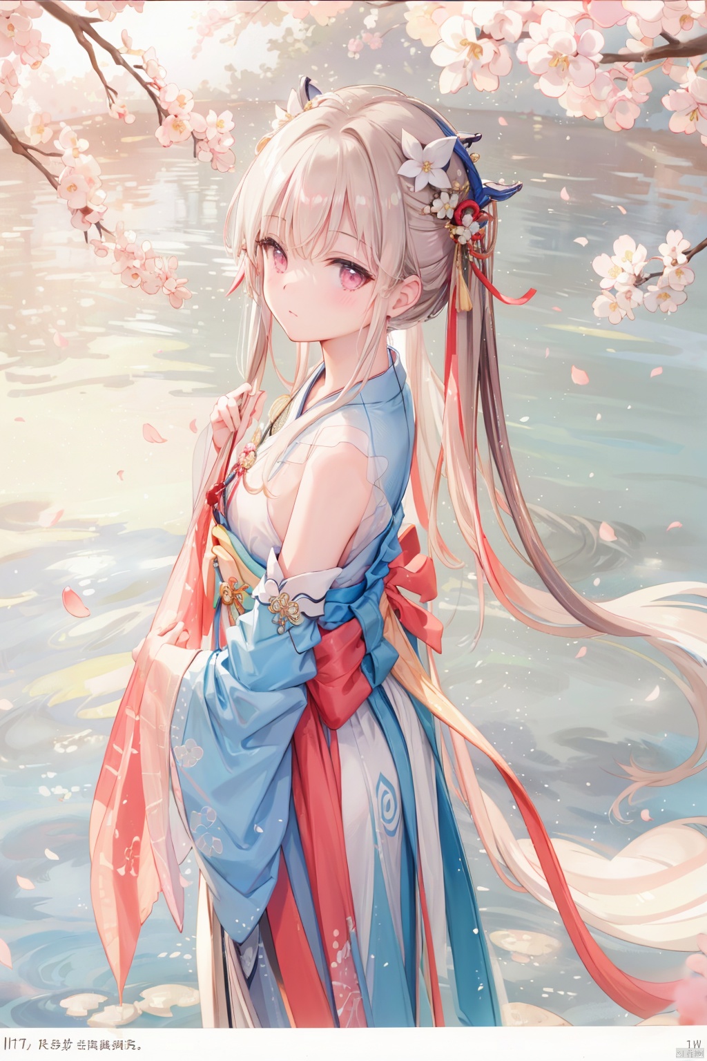  Masterpiece, best quality, close-up, girl standing, blurry background, depth of field, dynamic angle, viewed from above, cowboy lens., Beautiful detail eyes, single person, side view. Optical branch office. Growing branches. Half open your eyes. The hair between the eyes. Hanfu. Medium chest. Extra long hair. Hair scattered on the water surface. Blush. Looking at the audience. Cherry blossoms. Floating petals. Hanging loose hair, yue , hair ornament , hanfu