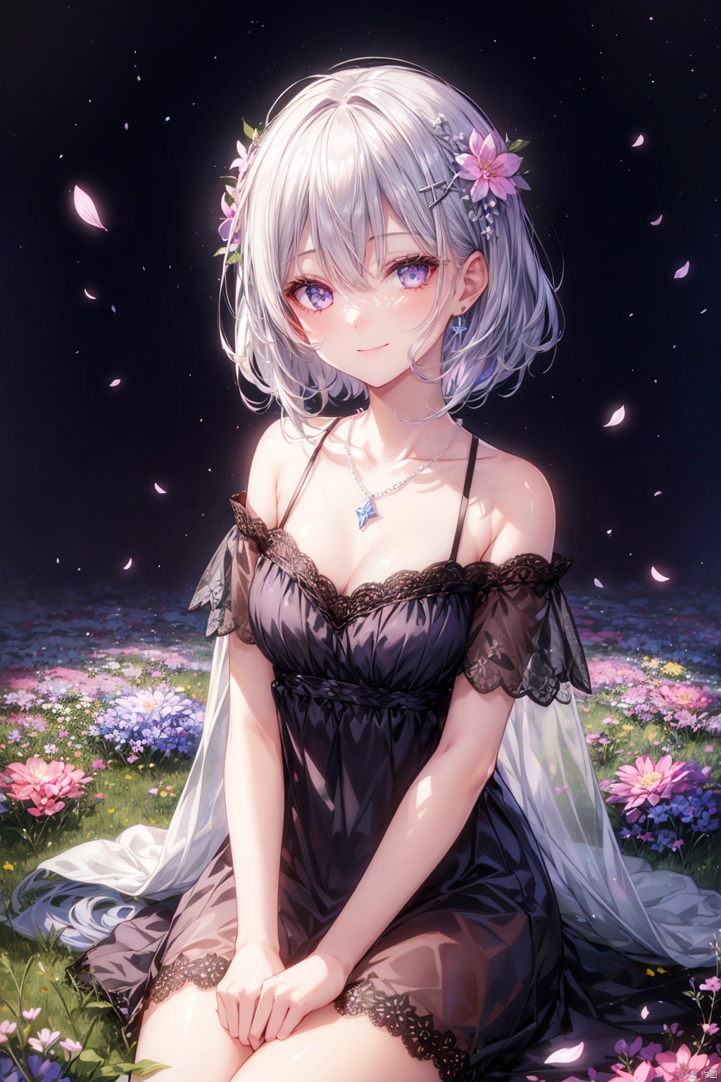 1girl, silver hair, glowing flowers, petals, sitting in flower field, night, colorful, cute face, [sad:smile:10], flower hair ornament, gem, collarbone, necklace, seethrough, lace, 