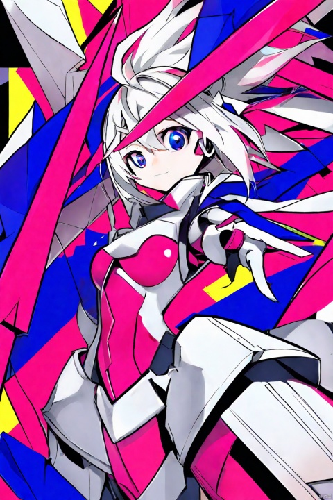  ((Masterpiece, best quality))1 girl, solo, Sports masterpiece, best quality, ultra high res, (extreme detailed), ((long white hair)), blue eyes, bangs, (abstract art:1.2),a cute robot woman with pink armor, in the style of hyper-realistic sculptures, manga-inspired, monochromatic white figures, oshare kei, exacting precision, rococo, eye-catching detail