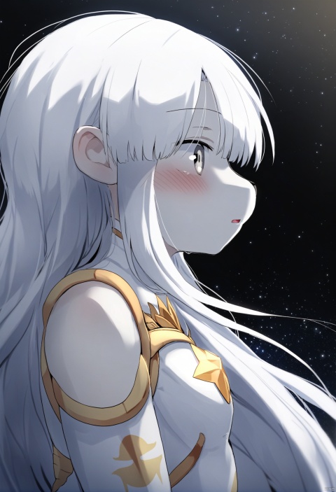  masterpiece, hyper detailed, best quality,(furry:1.3),1girl, solo, white hair, long hair, grey eyes, bangs, black background, parted lips, star \(sky\), upper body ,