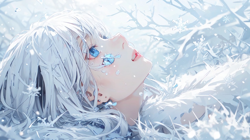  girl with white long hair and blue eyes, (best quality, 4k, 8k, highres, masterpiece:1.2), ultra-detailed, (realistic,photorealistic,photo-realistic:1.3), beautiful detailed eyes, beautiful detailed lips, extremely detailed face, (longeyelashes), with bangs, lying flat on the snowy ground, side profile, snowflakes falling, teardrops running down her cheek, winter scene, white color scheme, tranquil, emotional, frosty weather, 1girl, (\shuang hua\), shine eyes01