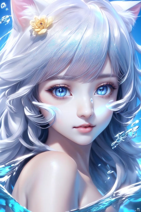 1girl,white hair, long hair, bangs,cat ears,blue eyes,wings,reflection in water,surface of water,(best quality,4k,8k,highres,masterpiece:1.2),ultra detailed,(realistic,photorealistic,photo-realistic:1.37),beautiful detailed eyes,beautiful detailed lips,extremely detailed eyes and face,longeyelashes,cartoon