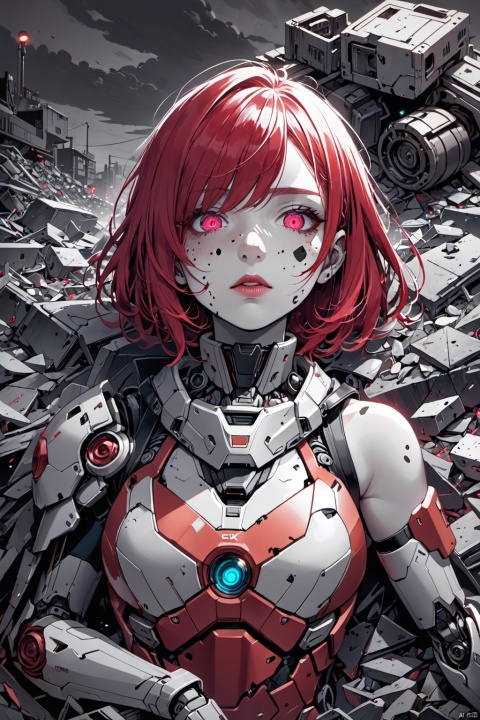  upper half of a broken semi-mechanical girl lying in landfill, (best quality, 4k, 8k, highres, masterpiece:1.2), ultra-detailed, , beautiful detailed eyes, beautiful detailed lips, extremely detailed eyes and face, (longeyelashes), short and flowing red hair, red-eyed robot, shattered body full of fear and holes, half-android face, (laying on ground in calmness:1.2), hyperpunk scene with unsaturated deep reds and purples, vibrant and vivid colors, (vacation, high resolution:1.3), (zoom-in, ultra-fine painting, 2D anime:1.2), art by Yukito Kishiro, Lida, robotic decay, dystopian atmosphere, saturated, sci-fi trash, glowing mechanical eye, harsh shadows, dark clouds above,(low quality, normal quality, worst quality, jpeg artifacts), cropped, monochrome, lowres, low saturation, ((watermark)), (white letters), (Low quality, Normal quality, Worst Quality, jpeg artifact), Cropping, Monochrome, Low resolution, Low Saturation, (watermark), (white letters), Skin spots, Acne, Skin blemishes, lida