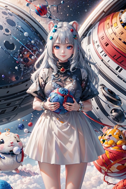  1girl,((long white hair)), blue eyes, bangs,smirk,zentangle,entangle,mandala,(giant yarn ball:1.1),(in the space:1.2),mars,(galaxy:1.1),(created infinite:1.1),extremely detailed,dramatic,intricate,elegant,cinematic,light,dynamic composition,surreal,christmas style, Hamster