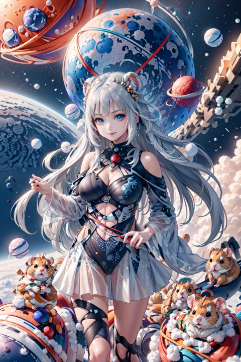 1girl,((long white hair)), blue eyes, bangs,smirk,zentangle,entangle,mandala,(giant yarn ball:1.1),(in the space:1.2),mars,(galaxy:1.1),(created infinite:1.1),extremely detailed,dramatic,intricate,elegant,cinematic,light,dynamic composition,surreal,christmas style, Hamster