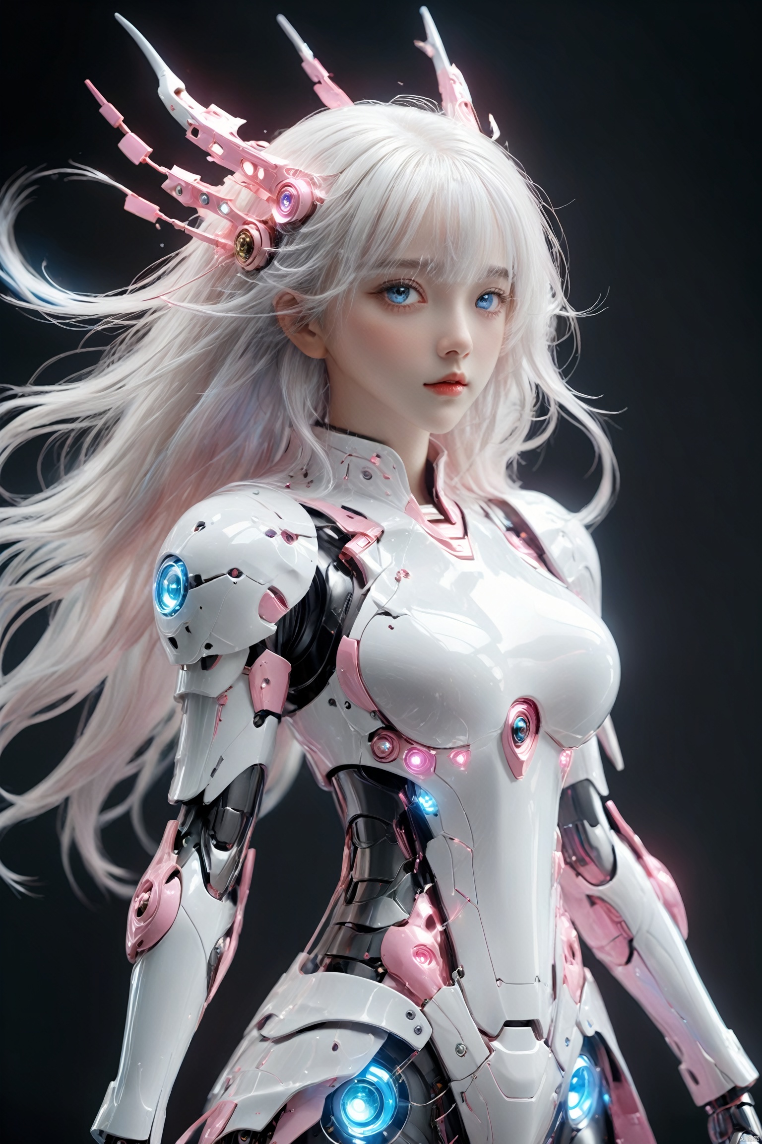  ((Masterpiece, best quality))1 girl, solo, Sports masterpiece, best quality, ultra high res, (extreme detailed), ((long white hair)), blue eyes, bangs, (abstract art:1.2),a cute robot woman with pink, armor,full_body, in the style of hyper-realistic sculptures, manga-inspired, monochromatic white figures, oshare kei, exacting precision, rococo, eye-catching detail