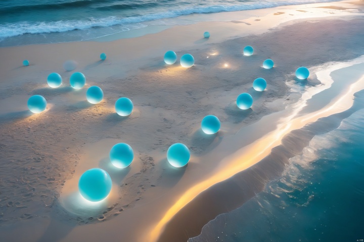  From a bird's-eye view, the beach by the sea is transformed into a cyberpunk realm. Luminous spheres dot the sands, pulsating with the glow of futuristic technology. The pale blue ocean appears as a dreamlike sponge, absorbing the radiance of these light orbs. Those walking on this beach seem to step into a fantastical realm where technology and dreams intermingle., 1girl