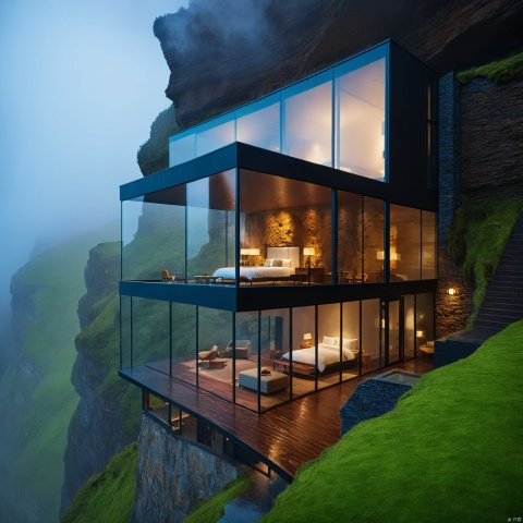 Rainy day, cliffside B&B design, hotel building, large glass composition, blended with cliff, rain, mist, volumetric light, photography, 8K, very realistic