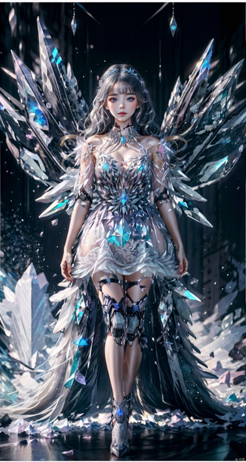(masterpiece:1.2), best quality,fashion magazine cover, surrounded by crystals, (full-size photograph:1.5),(a beautiful and delicate girl:1.2), Long white hair, blue_eyes, bangs, white_hair, gorgeous colther,(fashion design:1.1),a tender and watery gaze,elegant, extremely detailed, dramatic, intricate, elegant, cinematic, light, dynamic composition, surreal, amazing quality, very aesthetic, qzidol, Pink Mecha, crystal_dress , crystal , wings ,