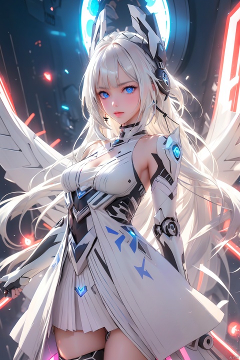  1girl, solo,blue eyes,long hair,mecha musume,dress,white hair,looking at viewer,mechanical wings,wings,energy,glowing,diffractionspikes,ejaculation,electricity,magic,tarrysky, sexy_sweater, 1 girl