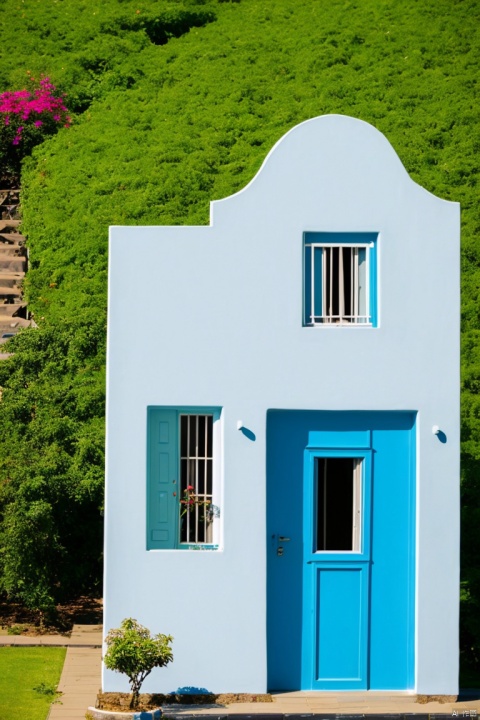 scenery, outdoors, house, sky, window, tree, building, blue sky, plant, day, door, bird, stairs, grass, road, power lines, shadowk, mingsu