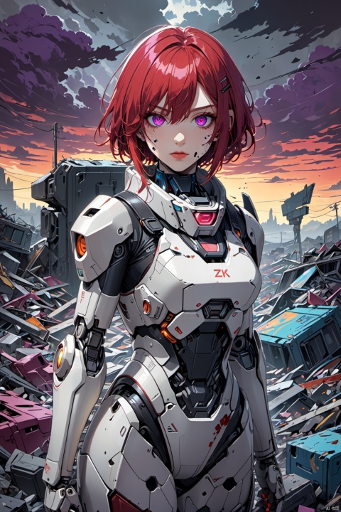 a broken semi-mechanical girl stand in landfill, GPU,   (best quality, 4k, 8k, highres, masterpiece:1.2), ultra-detailed, , beautiful detailed eyes, beautiful detailed lips, extremely detailed eyes and face, (longeyelashes), short and flowing red hair, red-eyed robot, shattered body full of fear and holes, half-android face, (laying on ground in calmness:1.2), hyperpunk scene with unsaturated deep reds and purples, vibrant and vivid colors, (vacation, high resolution:1.3), (zoom-in,  ultra-fine painting, 2D anime:1.2), art by Yukito Kishiro, Lida,   robotic decay, dystopian atmosphere, saturated, sci-fi trash, glowing mechanical eye, harsh shadows, dark clouds above,(low quality, normal quality, worst quality, jpeg artifacts), cropped, monochrome, lowres, low saturation, , lida