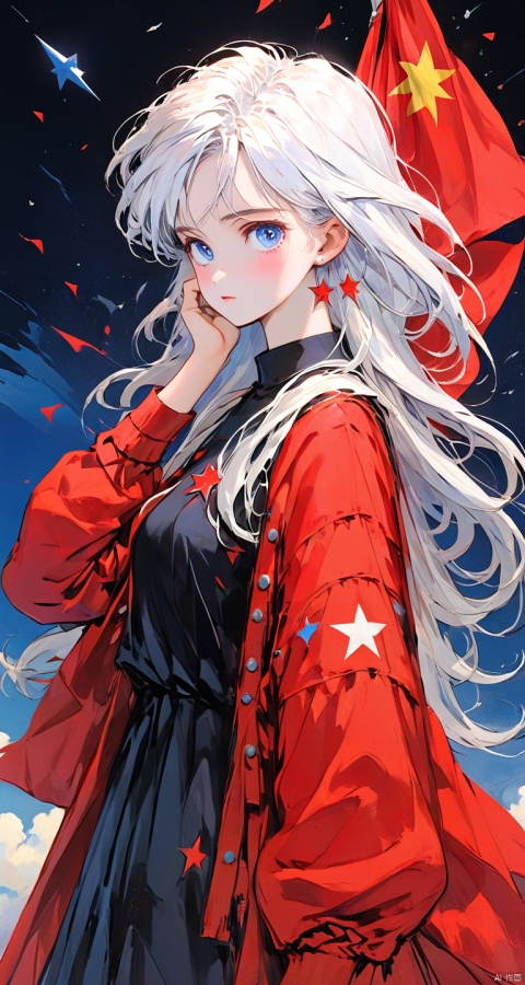  (ultra detailed, High quality ,best quality, High precision, Fine luster, UHD, 16k), Starry sky, tears, debris, flying, a girl, white hair, long hair, blue-eyed girl, waving a red flag, a Soviet poster several meters, horror, dreams, panorama,shenshou,ussrart, tqj-hd