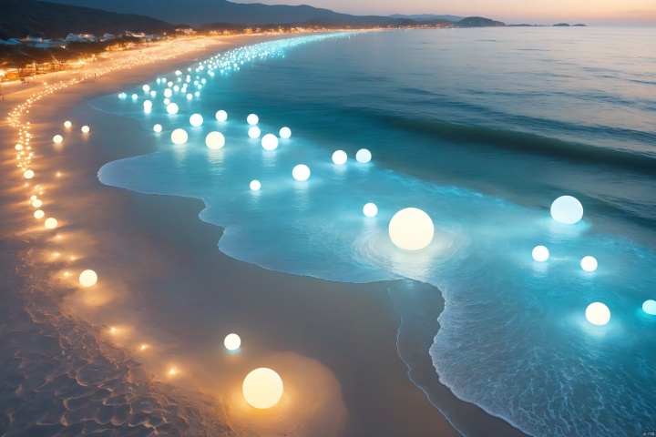 From a bird's-eye view, the beach by the sea is transformed into a cyberpunk realm. Luminous spheres dot the sands, pulsating with the glow of futuristic technology. The pale blue ocean appears as a dreamlike sponge, absorbing the radiance of these light orbs. Those walking on this beach seem to step into a fantastical realm where technology and dreams intermingle., 1girl