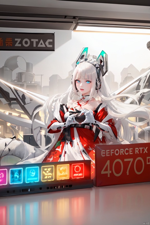  ((Masterpiece, best quality))1 girl, solo, Red dress, ((long white hair)), blue eyes, long hair, Chinese festival, festive atmosphere, indoor, Cyberpunk style, laser and neon interaction, cool color scheme, photoelectric style, Glitter, Chinese dragon, dragonhead, guchen