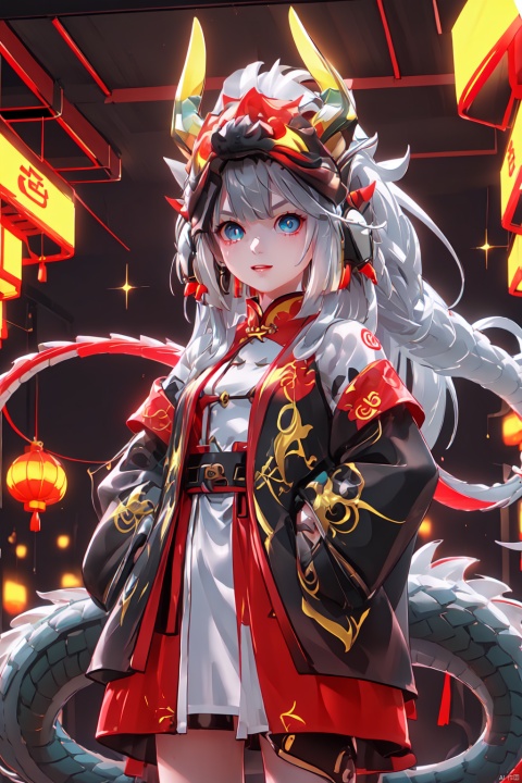  ((Masterpiece, best quality))1 girl, solo, Red dress, ((long white hair)), blue eyes, long hair, Chinese festival, festive atmosphere, indoor, Cyberpunk style, laser and neon interaction, cool color scheme, photoelectric style, Glitter, Chinese dragon, dragonhead