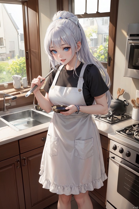  ((best quality)), ((ultra-high resolution work)), flowing white hair, blue-eyed, girl , and bangs, wearing a cute apron, cooking with a shovel in hand, (best quality, 4k, 8k, highres, masterpiece:1.2), ultra-detailed, (realistic, photorealistic, photo-realistic:1.37), beautiful detailed eyes, adorable detailed face, long eyelashes, elegant and light cooking scene, vivid colors, warm kitchen atmosphere, (sunlight streaming through the window), highly dynamic composition, (cozy, homey:1.3), (happiness, love, warmth), cheerful mood action,