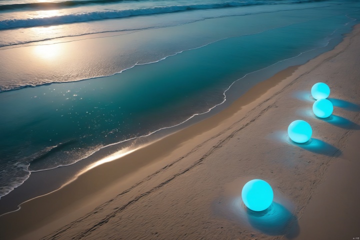  From a bird's-eye view, the beach by the sea is transformed into a cyberpunk realm. Luminous spheres dot the sands, pulsating with the glow of futuristic technology. The pale blue ocean appears as a dreamlike sponge, absorbing the radiance of these light orbs. Those walking on this beach seem to step into a fantastical realm where technology and dreams intermingle., 1girl