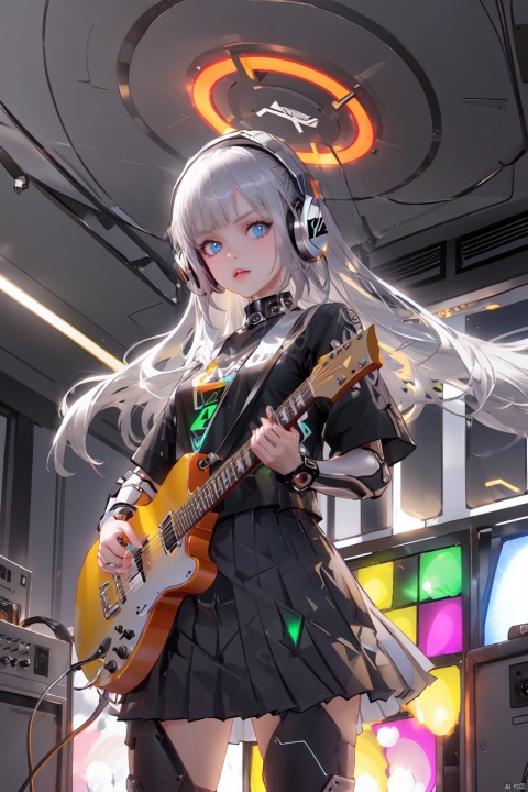  ((masterpiece,best quality))1girl, solo, black skirt,white_long_hair, blue eyes, electric guitar, guitar, headphones, holding, holding plectrum, instrument, long hair, , music, one side up, playing guiter, pleated skirt, black shirt, indoors,cyberpunk style, fusion of metallic sheen and futuristic technological elements, interplay of lasers and neon lights, cool color scheme, Light-electric style
