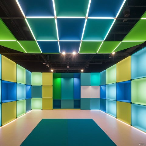 he large booth space consists of blue and green cubes, in the style of interactive exhibits, uhd image, intricate ceiling designs, sky-blue and amber, intel core, contemporary diy, collecting and modes of display