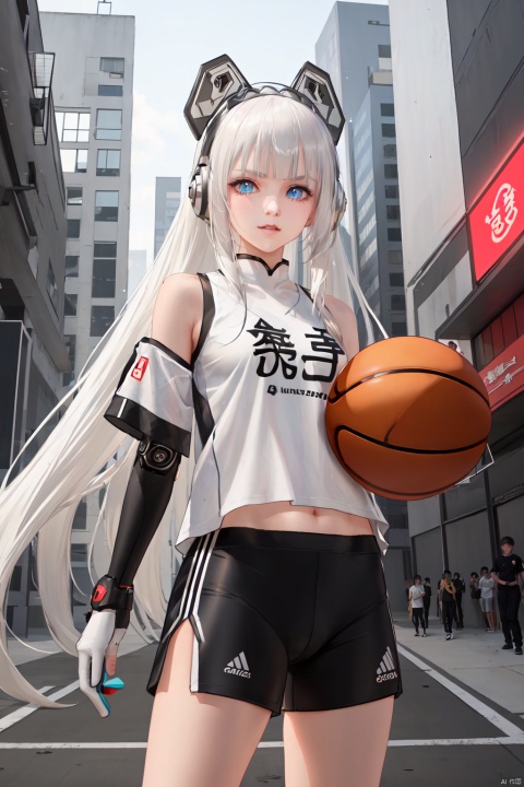  ((Masterpiece, best quality))1 girl, solo, Sports clothes,, ((long white hair)), blue eyes, long hair, Chinese festival, festive atmosphere, play basketball., Cyberpunk style, laser and neon interaction, cool color scheme, photoelectric style, Glitter,