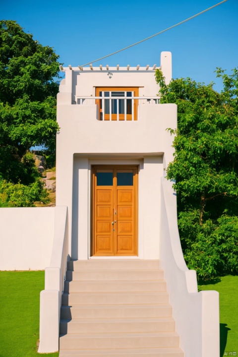 scenery, outdoors, house, sky, window, tree, building, blue sky, plant, day, door, bird, stairs, grass, road, power lines, shadowk, mingsu