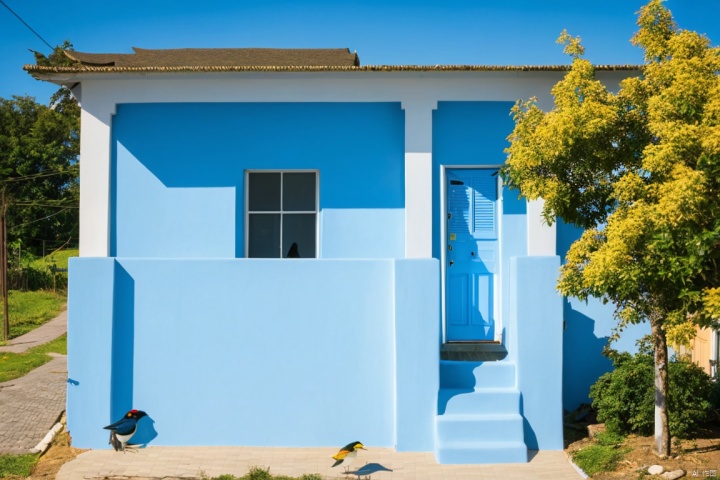 scenery, outdoors, house, sky, window, tree, building, blue sky, plant, day, door, bird, stairs, grass, road, power lines, shadowk, mingsu