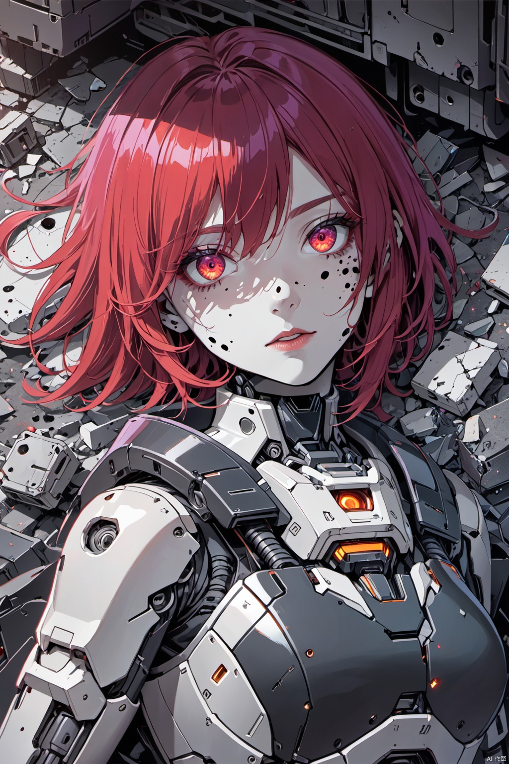  upper half of a broken semi-mechanical girl lying in landfill, (best quality, 4k, 8k, highres, masterpiece:1.2), ultra-detailed, , beautiful detailed eyes, beautiful detailed lips, extremely detailed eyes and face, (longeyelashes), short and flowing red hair, red-eyed robot, shattered body full of fear and holes, half-android face, (laying on ground in calmness:1.2), hyperpunk scene with unsaturated deep reds and purples, vibrant and vivid colors, (vacation, high resolution:1.3), (zoom-in, ultra-fine painting, 2D anime:1.2), art by Yukito Kishiro, Lida, robotic decay, dystopian atmosphere, saturated, sci-fi trash, glowing mechanical eye, harsh shadows, dark clouds above,(low quality, normal quality, worst quality, jpeg artifacts), cropped, monochrome, lowres, low saturation, ((watermark)), (white letters), (Low quality, Normal quality, Worst Quality, jpeg artifact), Cropping, Monochrome, Low resolution, Low Saturation, (watermark), (white letters), Skin spots, Acne, Skin blemishes, lida