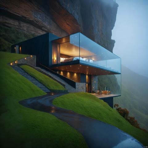 Rainy day, cliffside B&B design, hotel building, large glass composition, blended with cliff, rain, mist, volumetric light, photography, 8K, very realistic