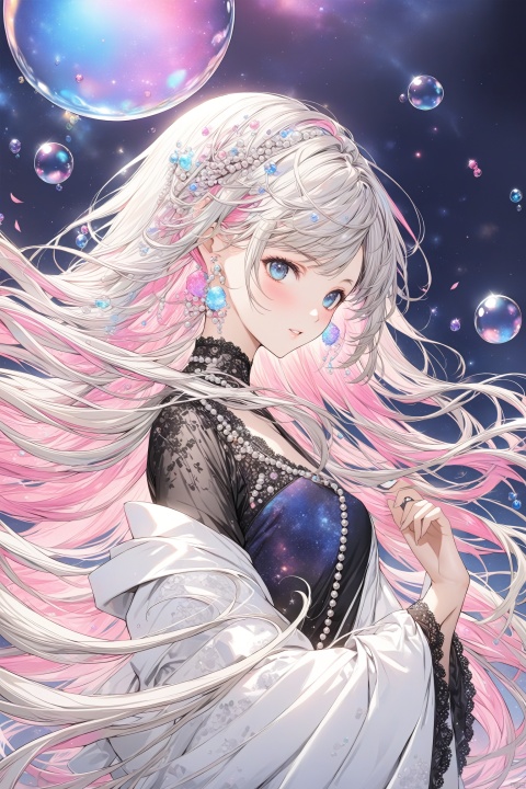  (masterpiece),(best quality),(ultra-detailed),(illustration),1girl,mixed-blood, stars in the blue eyes,cherry blossoms,messy floating long hair,crystal earrings,colored inner hair,Starry sky adorns hair,(colorful Bubble),(pearl),(Galaxy),depth of field,upper body,lace-trimmed dress,upper body, ASF, TIANQIJI