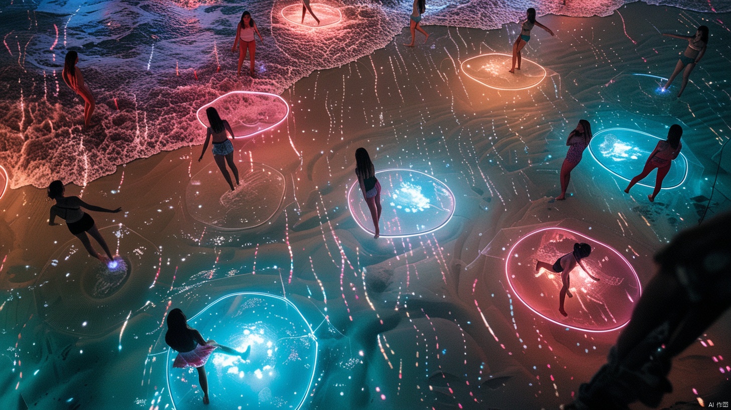  A bird's-eye view reveals a beachside transformed by the cyberpunk aesthetic. Tents speckle the area, contributing to an atmosphere of joy and festivity. Luminous spheres are scattered across the sand, beating like the heart of a futuristic city, radiating technological brilliance. The pale blue sea surface acts as a dreamy sponge, soaking up the light from these orbs. Those who walk on this beach seem to step into a technological wonderland filled with fantasy.,<lora:660447824183329044:1.0>