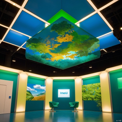 he large booth space consists of blue and green cubes, in the style of interactive exhibits, uhd image, intricate ceiling designs, sky-blue and amber, intel core, contemporary diy, collecting and modes of display