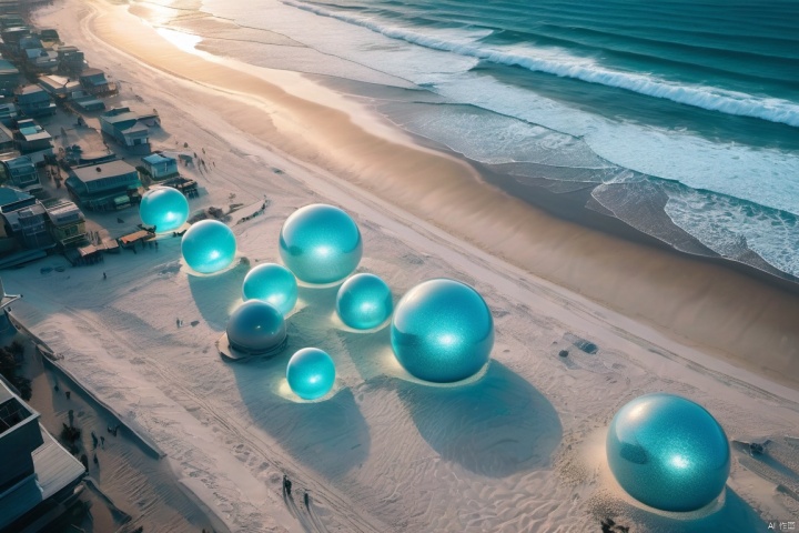 From a bird's-eye view, the beach by the sea is transformed into a cyberpunk realm. Luminous spheres dot the sands, pulsating with the glow of futuristic technology. The pale blue ocean appears as a dreamlike sponge, absorbing the radiance of these light orbs. Those walking on this beach seem to step into a fantastical realm where technology and dreams intermingle., 1girl