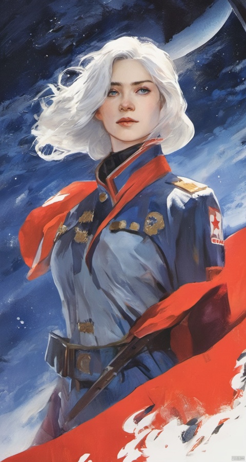  (ultra detailed, High quality ,best quality, High precision, Fine luster, UHD, 16k), Starry sky, tears, debris, flying, a girl, white hair, long hair, blue-eyed girl, waving a red flag, a Soviet poster several meters, horror, dreams, panorama,shenshou,ussrart, tqj-hd, (masterpiece)