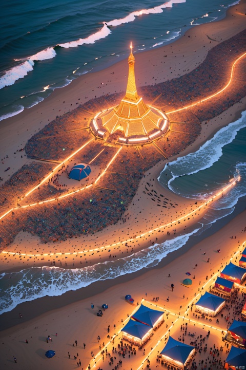 Aerial view of the seaside Burning Man festival reveals a beach strewn with playful sand sculptures and tents in a riot of colors. Looking down from a 45-degree angle, the scene is vast and vibrant. Crowds celebrate around the sculptures, their faces bathed in the warm light of bonfires, while paths between tents twist and turn, and waves kiss the shoreline. The integration of modern lighting and sound technology perfectly complements the atmosphere of a festival that celebrates freedom, creativity, and innovation.