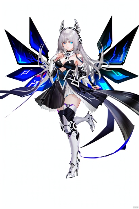  1girl, solo, long hair, breasts, looking at viewer, bangs, blue eyes, thighhighs, dress, holding, bare shoulders, tail, full body, weapon, white hair, boots, wings, grey background, holding weapon, high heels, gradient, gradient background, tattoo, headgear, high heel boots, mecha musume, kp, ink style