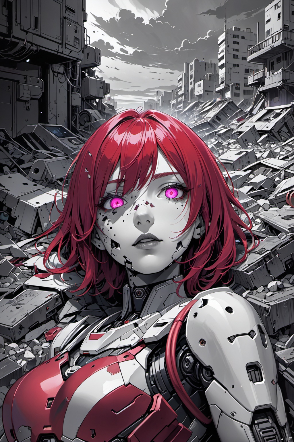  upper half of a broken semi-mechanical girl lying in landfill, (best quality, 4k, 8k, highres, masterpiece:1.2), ultra-detailed, , beautiful detailed eyes, beautiful detailed lips, extremely detailed eyes and face, (longeyelashes), short and flowing red hair, red-eyed robot, shattered body full of fear and holes, half-android face, (laying on ground in calmness:1.2), hyperpunk scene with unsaturated deep reds and purples, vibrant and vivid colors, (vacation, high resolution:1.3), (zoom-in, ultra-fine painting, 2D anime:1.2), art by Yukito Kishiro, Lida, robotic decay, dystopian atmosphere, saturated, sci-fi trash, glowing mechanical eye, harsh shadows, dark clouds above,(low quality, normal quality, worst quality, jpeg artifacts), cropped, monochrome, lowres, low saturation, ((watermark)), (white letters), (Low quality, Normal quality, Worst Quality, jpeg artifact), Cropping, Monochrome, Low resolution, Low Saturation, (watermark), (white letters), Skin spots, Acne, Skin blemishes, lida