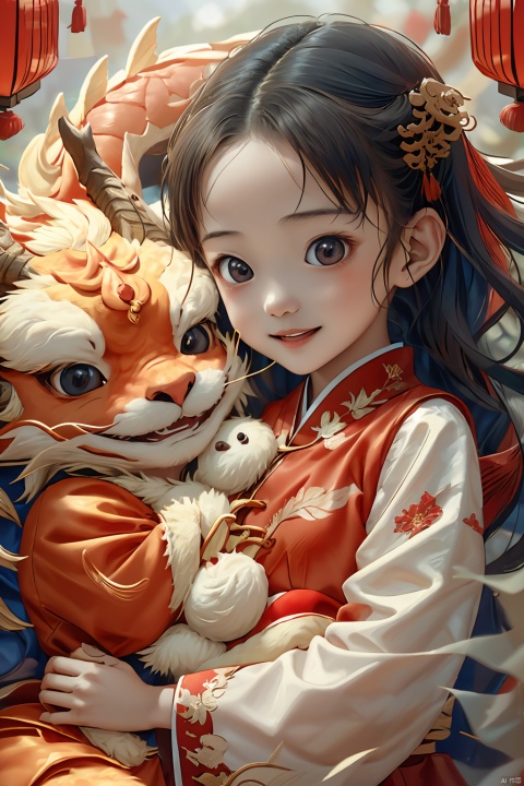  girl in red cheongsam holding a dragon baby with toast in its mouth,Chinese New Year,festive atmosphere,(best quality,4k,8k,highres,masterpiece:1.2),ultra-detailed,(realistic,photorealistic,photo-realistic:1.37),traditional Chinese festival,joyful,smiling,beautiful detailed eyes,long eyelashes,beautiful detailed lips,firecrackers,red lanterns,bright and vibrant colors,sharp focus,ultra-fine painting,physically-based rendering,professional,vivid colors,lanterns illuminating the scene,lighted streets,family warmth,cultural heritage, lbb, long