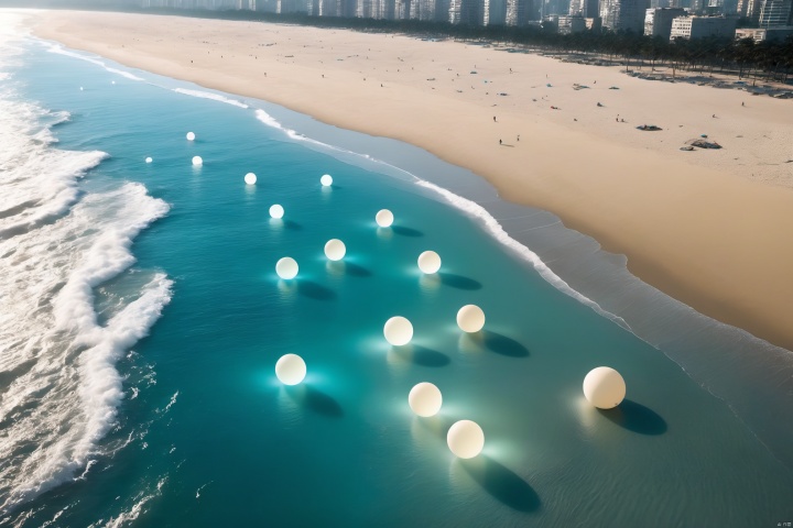  From a bird's-eye view, the beach by the sea is transformed into a cyberpunk realm. Luminous spheres dot the sands, pulsating with the glow of futuristic technology. The pale blue ocean appears as a dreamlike sponge, absorbing the radiance of these light orbs. Those walking on this beach seem to step into a fantastical realm where technology and dreams intermingle., 1girl