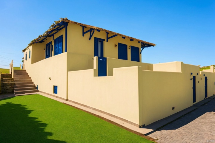 scenery, outdoors, house, sky, window, tree, building, blue sky, plant, day, door, bird, stairs, grass, road, power lines, shadowk, mingsu