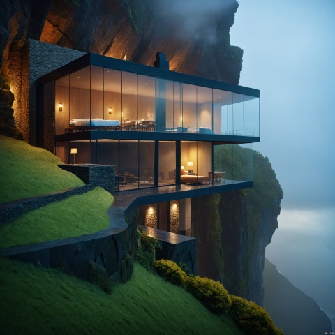 Rainy day, cliffside B&B design, hotel building, large glass composition, blended with cliff, rain, mist, volumetric light, photography, 8K, very realistic