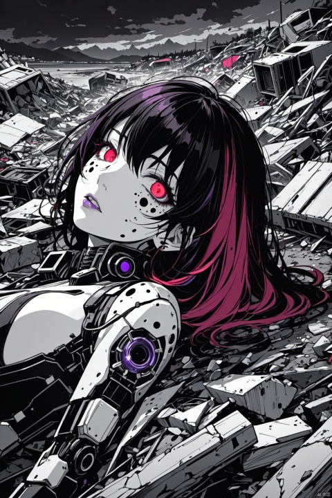  upper half of a broken semi-mechanical girl lying in landfill, (best quality, 4k, 8k, highres, masterpiece:1.2), ultra-detailed, , beautiful detailed eyes, beautiful detailed lips, extremely detailed eyes and face, (longeyelashes), short and flowing red hair, red-eyed robot, shattered body full of fear and holes, half-android face, (laying on ground in calmness:1.2), hyperpunk scene with unsaturated deep reds and purples, vibrant and vivid colors, (vacation, high resolution:1.3), (zoom-in, ultra-fine painting, 2D anime:1.2), art by Yukito Kishiro, Lida, robotic decay, dystopian atmosphere, saturated, sci-fi trash, glowing mechanical eye, harsh shadows, dark clouds above,(low quality, normal quality, worst quality, jpeg artifacts), cropped, monochrome, lowres, low saturation, ((watermark)), (white letters), (Low quality, Normal quality, Worst Quality, jpeg artifact), Cropping, Monochrome, Low resolution, Low Saturation, (watermark), (white letters), Skin spots, Acne, Skin blemishes,