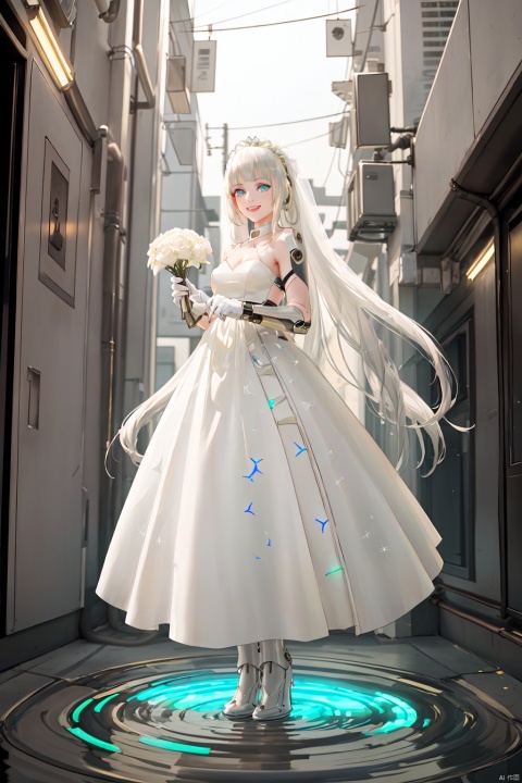 ((Masterpiece, best quality))1 girl, solo, Gorgeous wedding dress,, ((long white hair)), blue eyes, long hair, smlie, Stand on the water, festive atmosphere, Flowers in hand, Cyberpunk style, laser and neon interaction, cool color scheme, photoelectric style, Glitter,