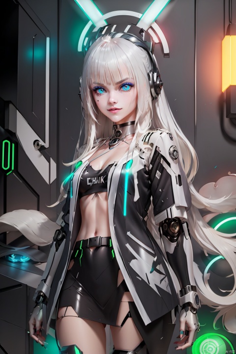 White long haired girl with bangs and blue eyes, cyberpunk style, mounted on a Chinese dragon, fusion of metallic sheen and futuristic technological elements, interplay of lasers and neon lights, cool color scheme,