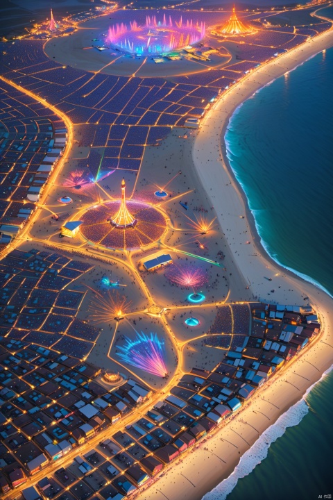 Aerial view of the seaside Burning Man festival reveals a beach strewn with playful sand sculptures and tents in a riot of colors. Looking down from a 45-degree angle, the scene is vast and vibrant. Crowds celebrate around the sculptures, their faces bathed in the warm light of bonfires, while paths between tents twist and turn, and waves kiss the shoreline. The integration of modern lighting and sound technology perfectly complements the atmosphere of a festival that celebrates freedom, creativity, and innovation.