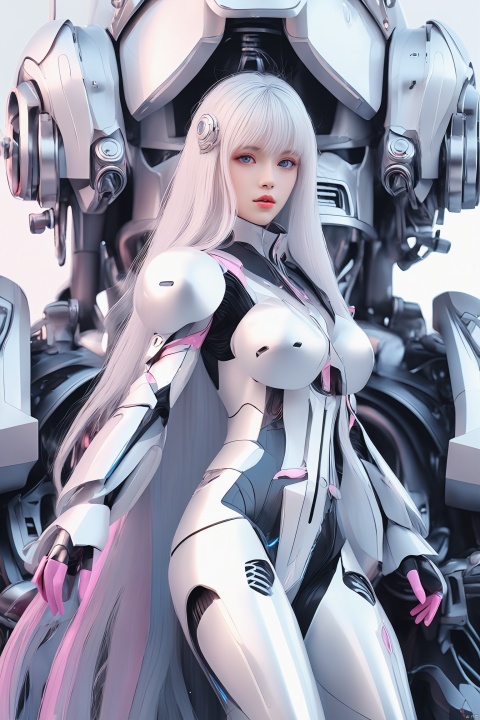  ((Masterpiece, best quality))1 girl, solo, Sports masterpiece, best quality, ultra high res, (extreme detailed), ((long white hair)), blue eyes, bangs, (abstract art:1.2),a cute robot woman with pink, armor,full_body, in the style of hyper-realistic sculptures, manga-inspired, monochromatic white figures, oshare kei, exacting precision, rococo, eye-catching detail