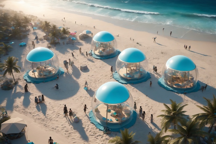 A bird's-eye view reveals a beachside transformed by the cyberpunk aesthetic. Tents speckle the area, contributing to an atmosphere of joy and festivity. Luminous spheres are scattered across the sand, beating like the heart of a futuristic city, radiating technological brilliance. The pale blue sea surface acts as a dreamy sponge, soaking up the light from these orbs. Those who walk on this beach seem to step into a technological wonderland filled with fantasy.
