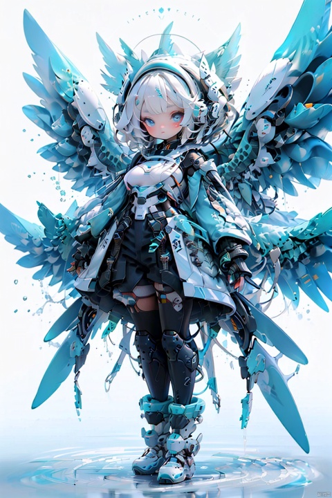  robot girl, 1girl, solo, wings,mecha musume, mechanical wings, white hair, full body, looking at viewer, heterochromia, science fiction,breasts, blue eyes, robot joints, bodysuit, joints, feathered wings, medium breasts, closed mouth, white background, standing, android, guchen