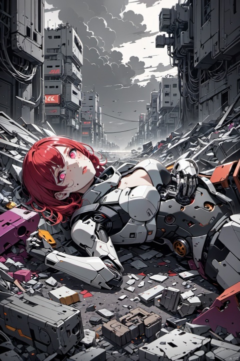 a broken semi-mechanical girl stand in landfill, GPU,   (best quality, 4k, 8k, highres, masterpiece:1.2), ultra-detailed, , beautiful detailed eyes, beautiful detailed lips, extremely detailed eyes and face, (longeyelashes), short and flowing red hair, red-eyed robot, shattered body full of fear and holes, half-android face, (laying on ground in calmness:1.2), hyperpunk scene with unsaturated deep reds and purples, vibrant and vivid colors, (vacation, high resolution:1.3), (zoom-in,  ultra-fine painting, 2D anime:1.2), art by Yukito Kishiro, Lida,   robotic decay, dystopian atmosphere, saturated, sci-fi trash, glowing mechanical eye, harsh shadows, dark clouds above,(low quality, normal quality, worst quality, jpeg artifacts), cropped, monochrome, lowres, low saturation, ((watermark)), (white letters), (Low quality, Normal quality, Worst Quality, jpeg artifact), Cropping, Monochrome, Low resolution, Low Saturation, (watermark), (white letters), Skin spots, Acne,  Skin blemishes, lida