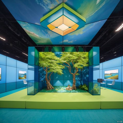 he large booth space consists of blue and green cubes, in the style of interactive exhibits, uhd image, intricate ceiling designs, sky-blue and amber, intel core, contemporary diy, collecting and modes of display